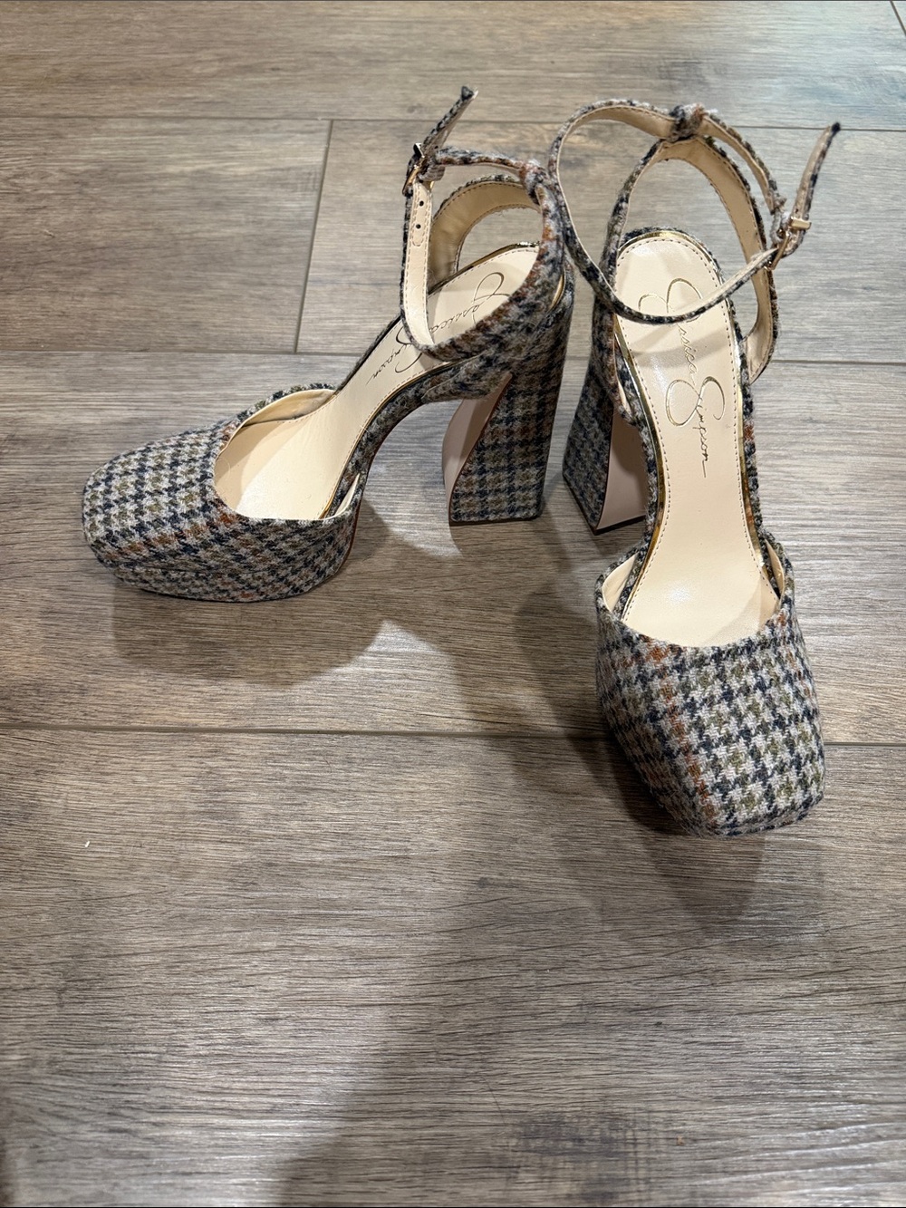 Jessica Simpson Plaid Ankle-Strap Block Heels in Gray/Tan Houndstooth - Picture 2 of 5
